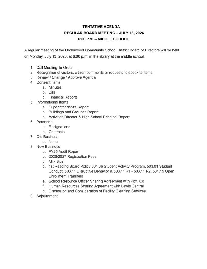 Underwood Board Meeting Agenda 7/13/2026