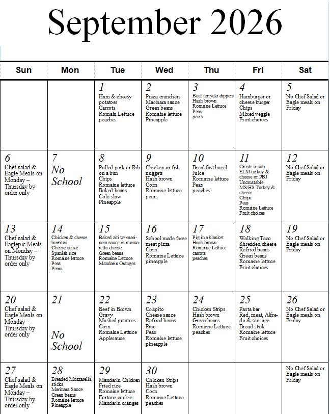 September 2026 Menu