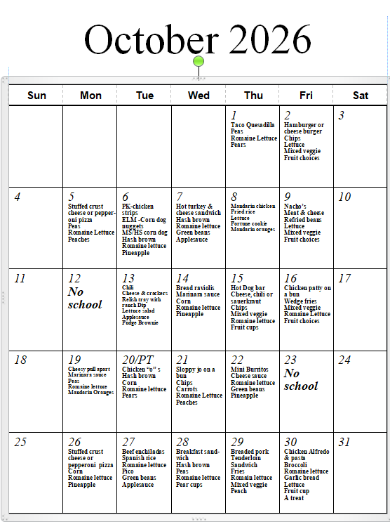 October 2026 Menu