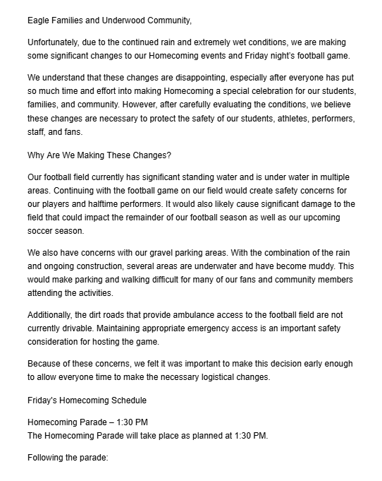 Homecoming Change Letter