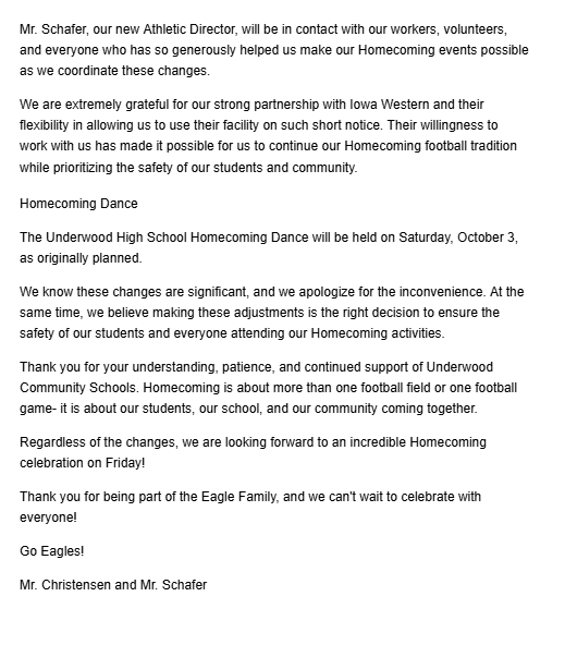 Homecoming Change Letter