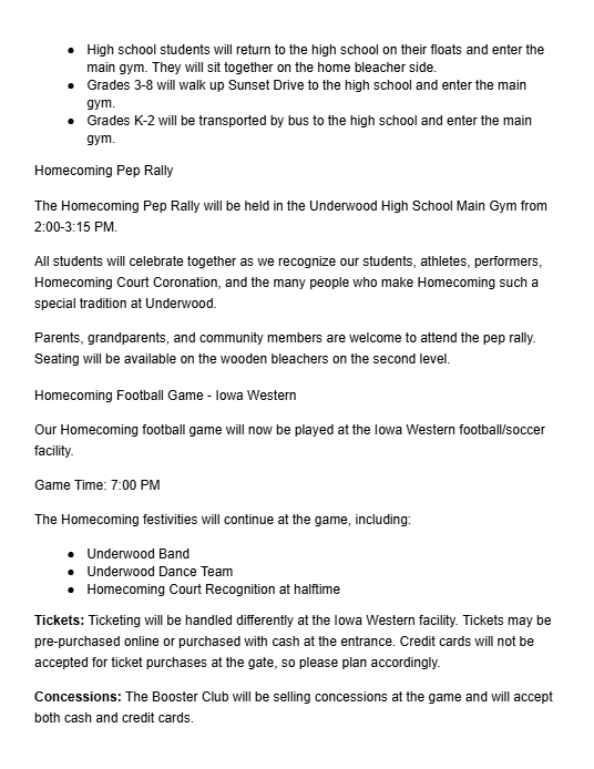 Homecoming Change Letter