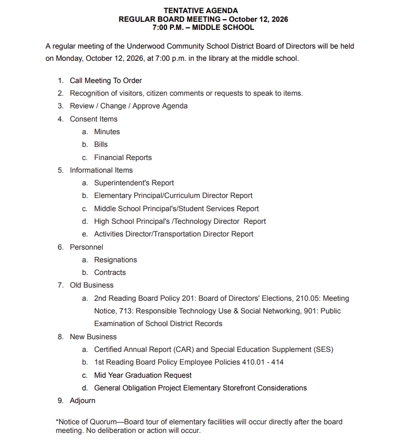 October Board Agenda