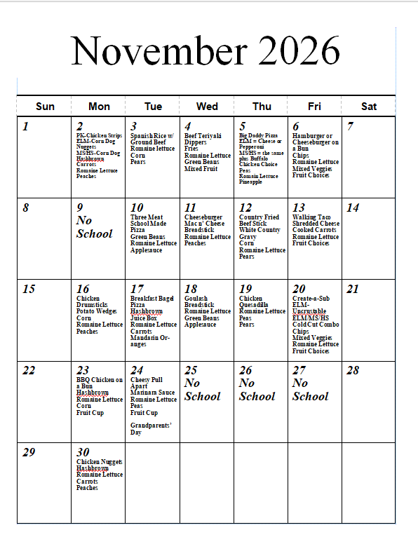 November 2026 Lunch Menu