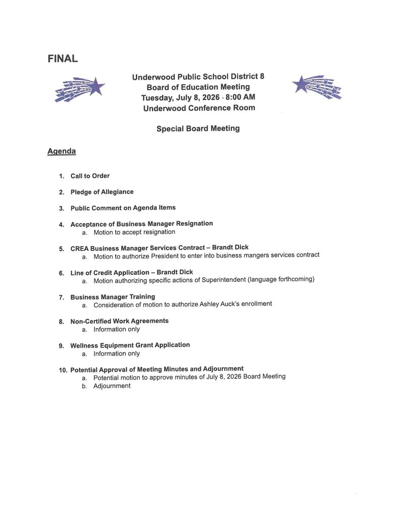 7.08.26 Special Meeting Agenda