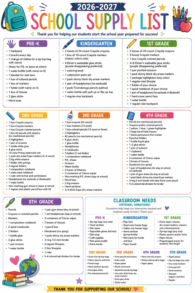 2026-2027 Elementary Supply Lists