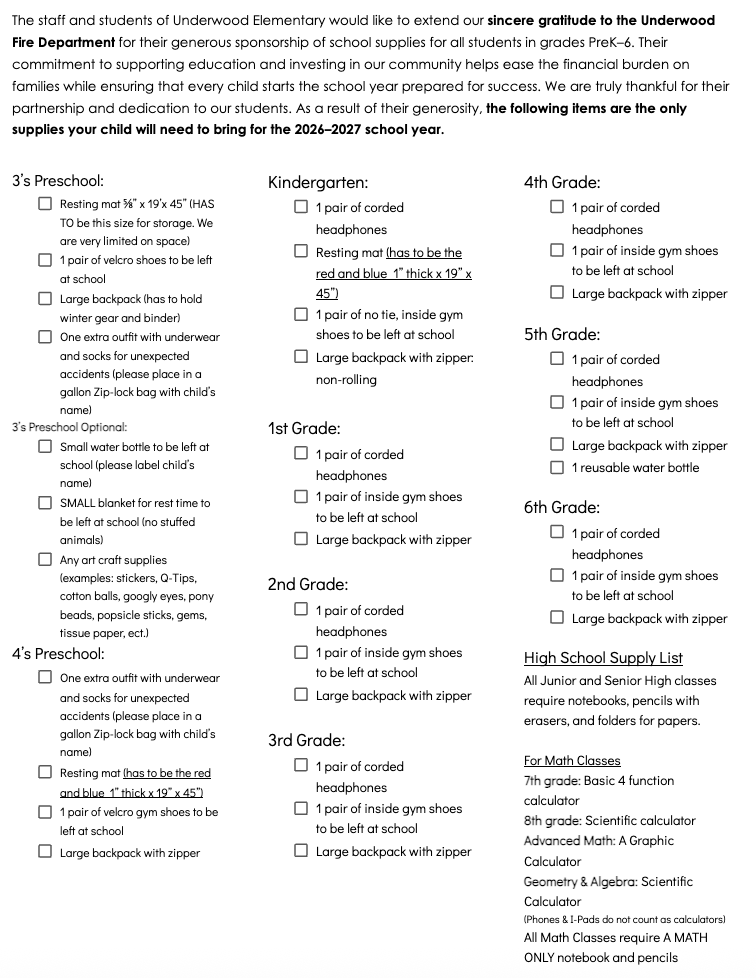 School Supply List 2026-2027