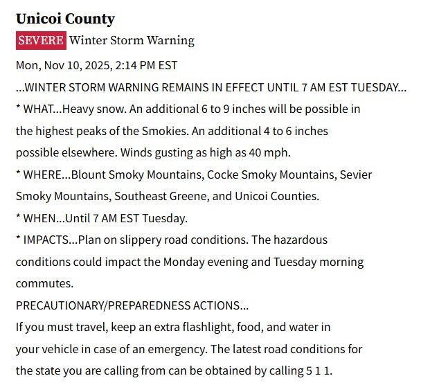 Unicoi County Winter Storm Warning