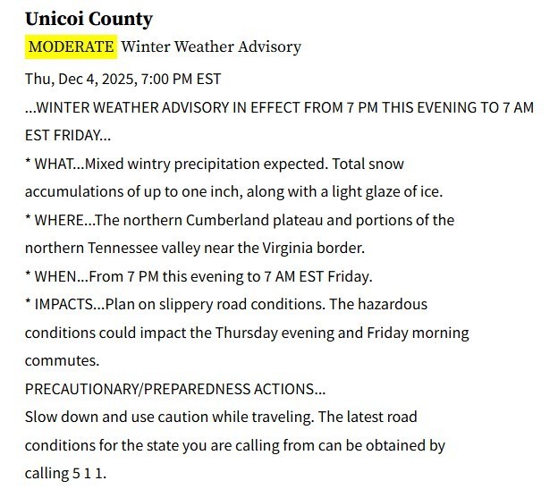 Unicoi County Moderate Winter Weather Advisory