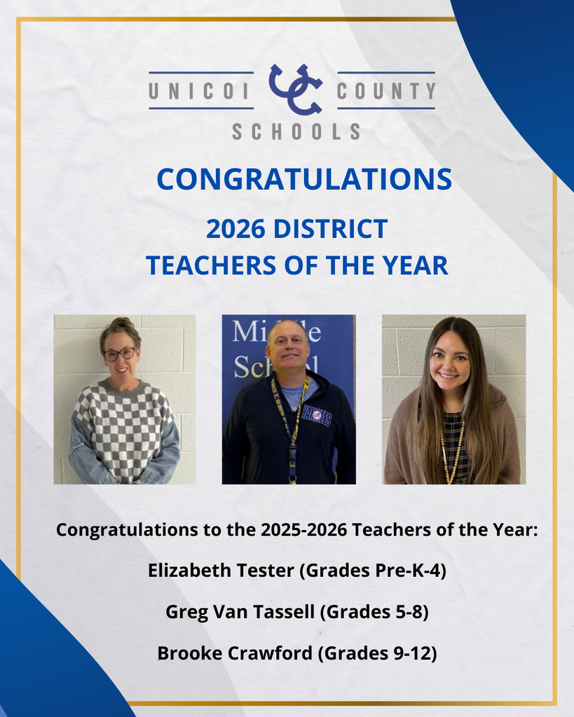 Congratulations to the 2025-2026 Teachers of the Year:  Elizabeth Tester (Grades Pre-K-4)  Greg Van Tassell (Grades 5-8)  Brooke Crawford (Grades 9-12)