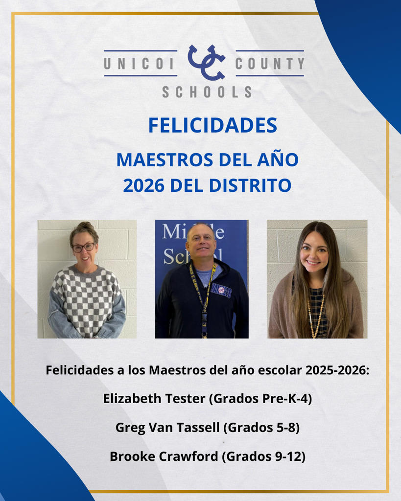 Felicidades a los Maestros del año escolar 2025-2026:  Elizabeth Tester (Grados Pre-K-4)  Greg Van Tassell (Grados 5-8)  Brooke Crawford (Grados 9-12)