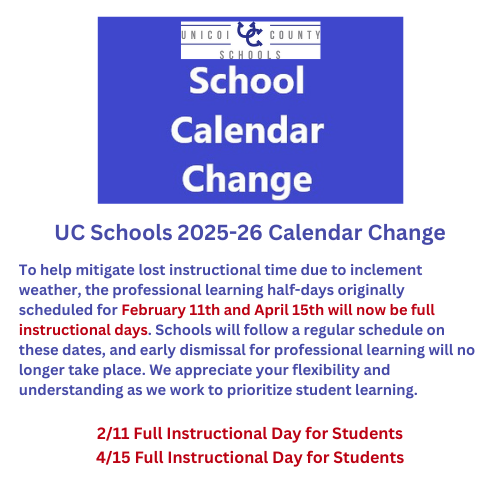 UC Schools 2025-26 Calendar Change  To help mitigate lost instructional time due to inclement weather, the professional learning half-days originally scheduled for February 11th and April 15th will now be full instructional days. Schools will follow a regular schedule on these dates, and early dismissal for professional learning will no longer take place. We appreciate your flexibility and understanding as we work to prioritize student learning.  2/11 Full Instructional Day for Students 4/15 Full Instructional Day for Students