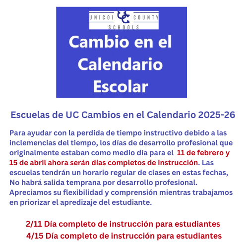 Escuelas de UC Cambios en el Calendario 2025-26   Para ayudar con la perdida de tiempo instructivo debido a las  inclemencias del tiempo, los días de desarrollo profesional que originalmente estaban como medio día para el  11 de febrero y 15 de abril ahora serán días completos de instrucción. Las escuelas tendrán un horario regular de clases en estas fechas, No habrá salida temprana por desarrollo profesional. Apreciamos su flexibilidad y comprensión mientras trabajamos en priorizar el apredizaje del estudiante.    2/11 Día completo de instrucción para estudiantes  4/15 Día completo de instrucción para estudiantes