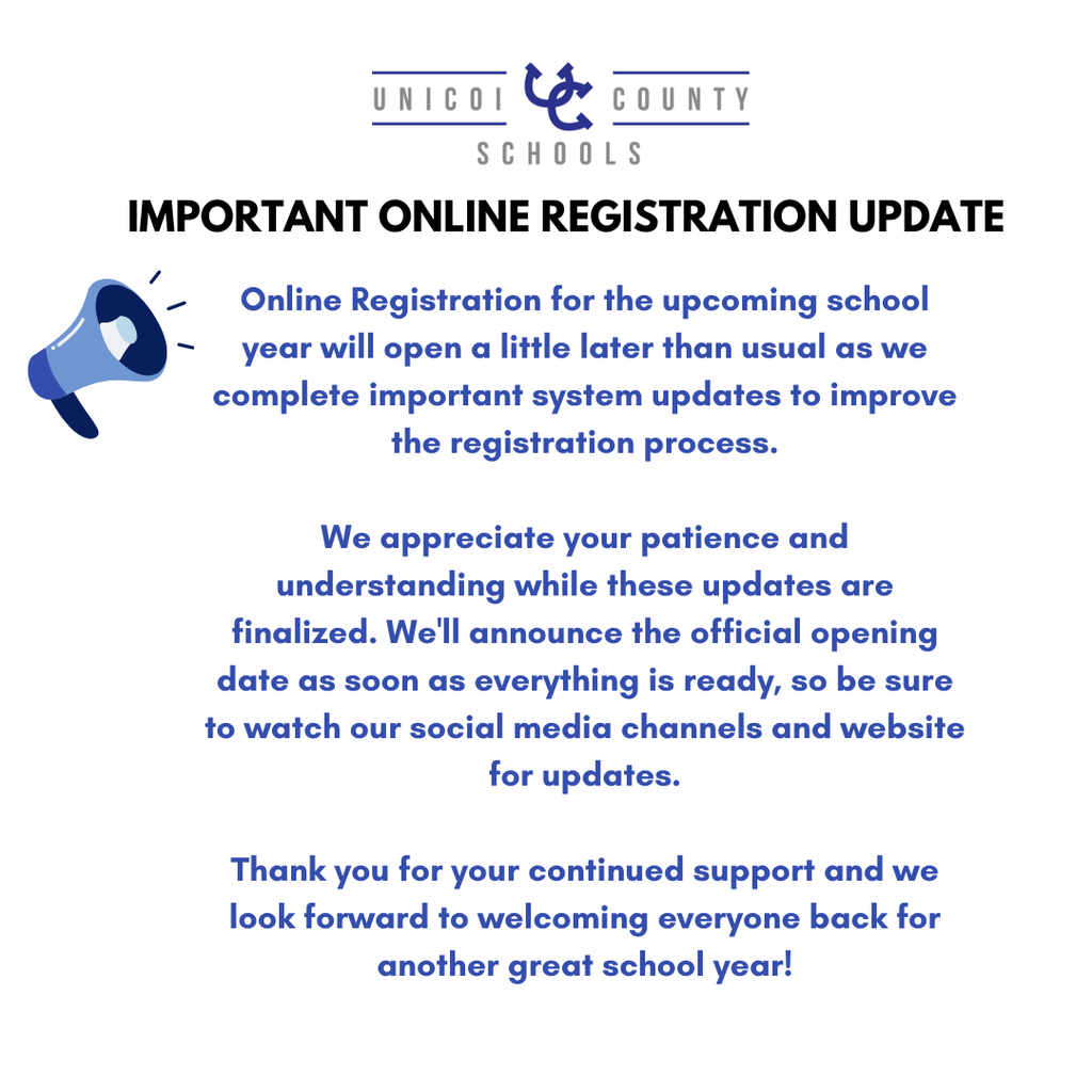 Online Registration for the upcoming school year will open a little later than usual as we complete important system updates to improve the registration process. We appreciate your patience and understanding while these updates are finalized. We'll announce the official opening date as soon as everything is ready, so be sure to watch our social media channels and website for updates. Thank you for your continued support and we look forward to welcoming everyone back for another great school year!