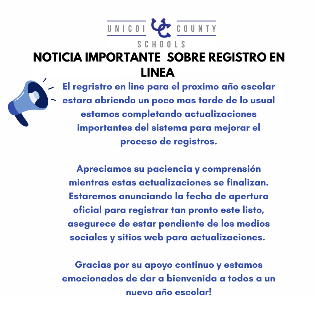 noticia Importante sobre registro en linea l regristro en line para el proximo año escolar estara abriendo un poco mas tarde de lo usual estamos completando actualizaciones importantes del sistema para mejorar el proceso de registros. Apreciamos su paciencia y comprensión mientras estas actualizaciones se finalizan. Estaremos anunciando la fecha de apertura oficial para registrar tan pronto este listo, asegurece de estar pendiente de los medios sociales y sitios web para actualizaciones. Gracias por su apoyo continuo y estamos emocionados de dar a bienvenida a todos a un nuevo año escolar!