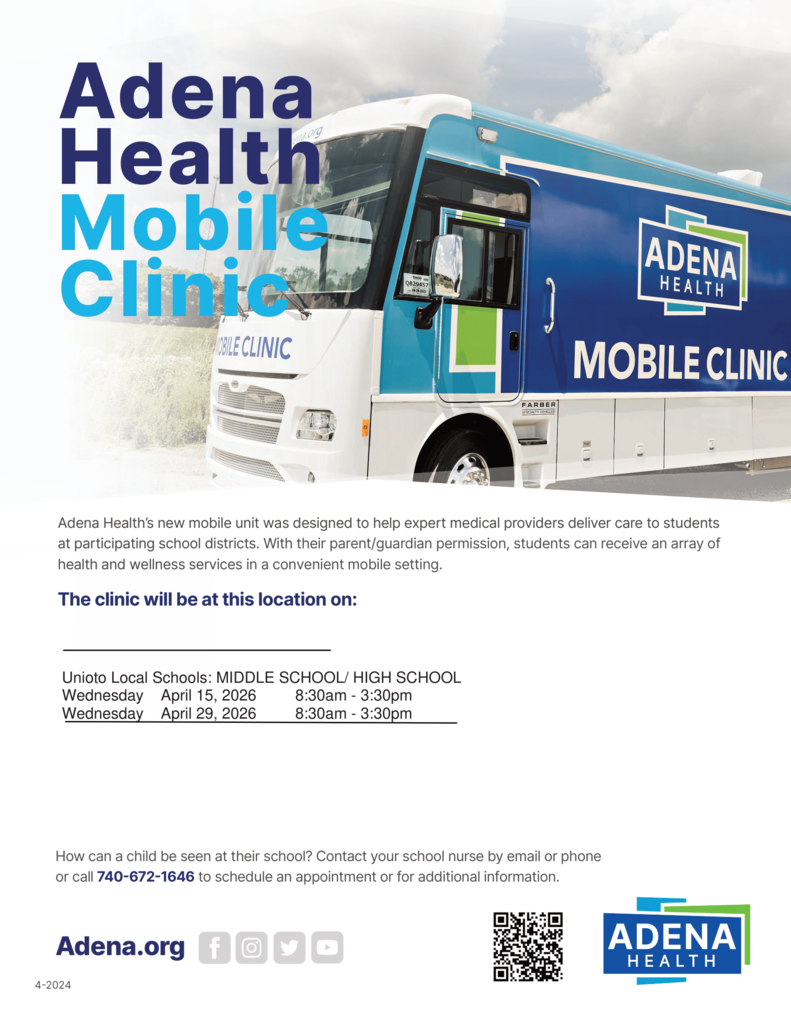 Adena Mobile Clinic will be on site at the Middle/High School on April 15 & 29 for anyone needing to be seen!