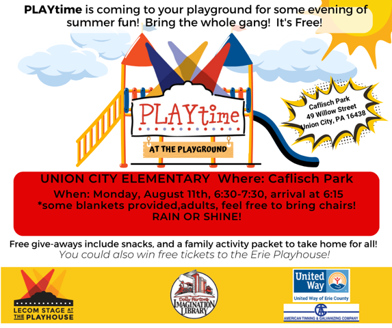 Poster for PLAYTime on the playground, August 11th from 6:30 - 7:30pm at Caflisch Park