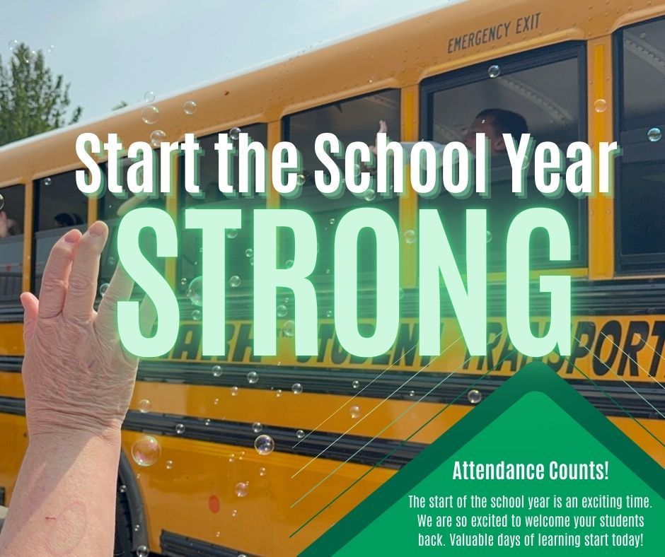 Hand waving to a bus of students also waving with text "Start the school year strong"