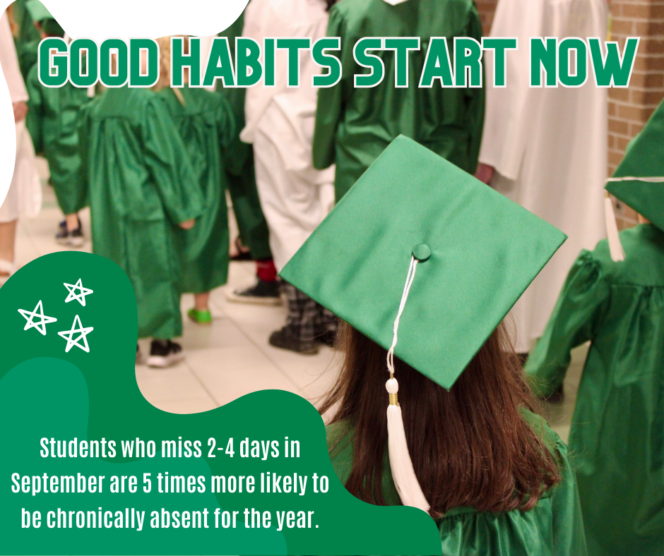 picture of back of a small greeng raduation cap with text "good habits start now" star graphic with quote "students who miss 2-4 days in September are 5 times more likely to be chronically absent for the year."