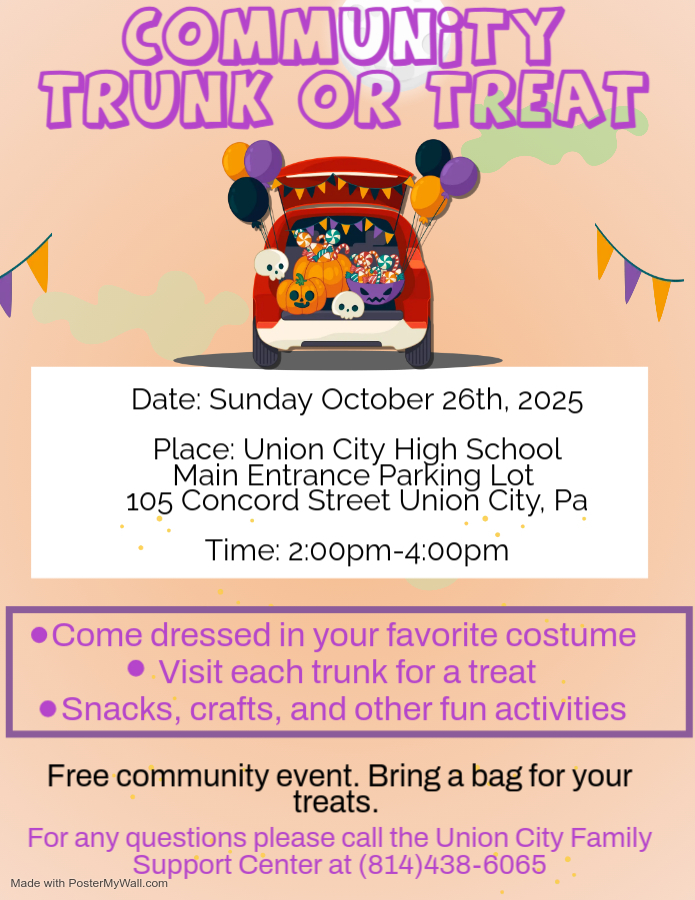 flyer for community trunk or treat event. graphic of a trunk decorated with the following text: Sunday October 26th, 2025 in the UC High school main entrance parking lot from 2-4:00pm. Bring a bag, come dressed in your costume! 