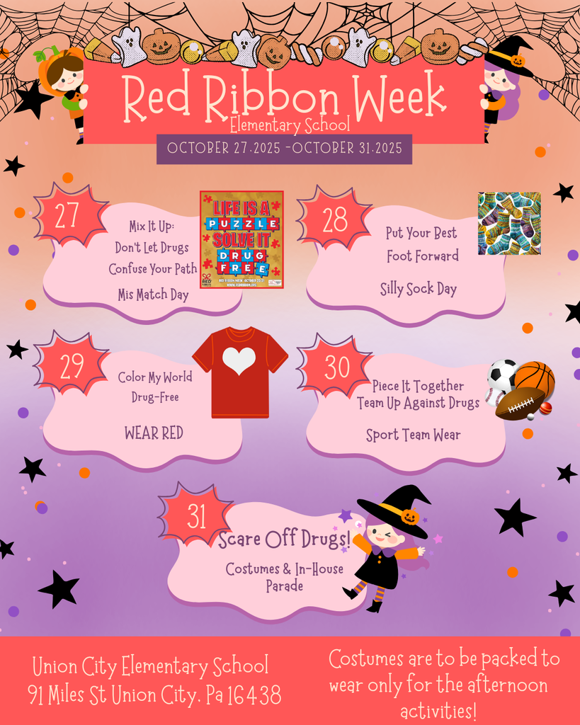 Flyer for red ribbon week. 27 - Mismatch day, 28 - silly sock day, 29 - wear red, 30 - sports team wear, 31 - costumes and in-house parade