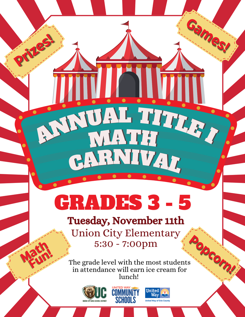 Flyer for Annual Title I Math Carnival grades 3 - 5. White poster with red and white stripes adorning sides. Event is Tuesday, November 11th at Union city Elementary from 5:30 - 7:00pm