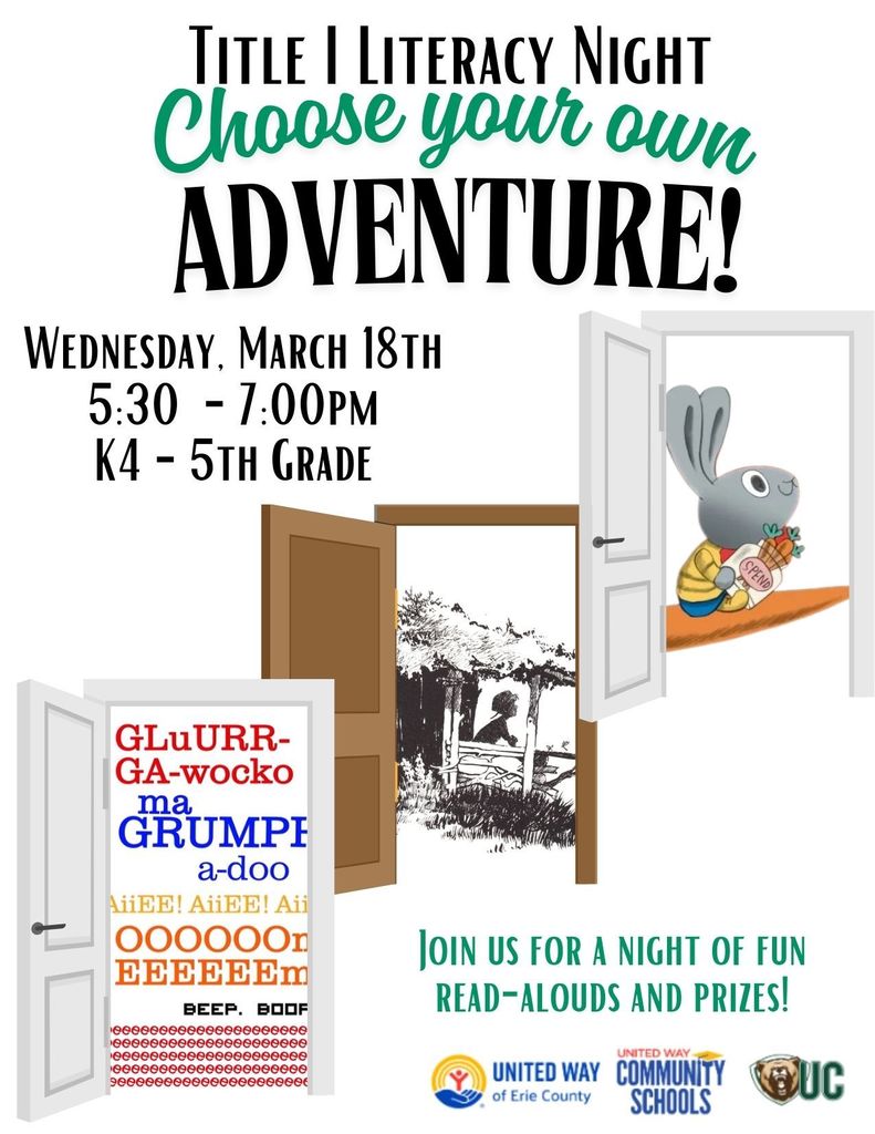 Title I Literacy Night Choose Your Own Adventure - Wednesday, March 18 5:30-7 K4 - 5th grade poster with three doors that show characters from three books 