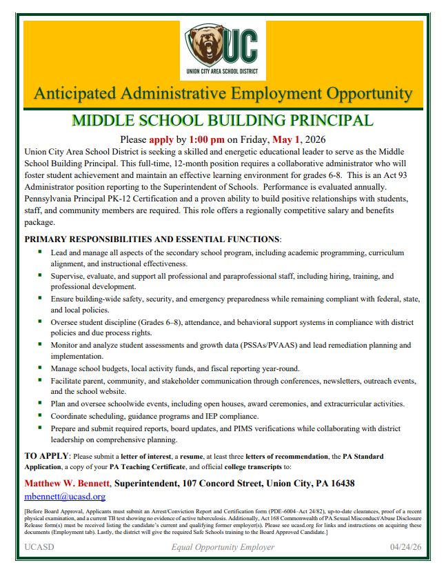 Middle School Building Principal Employment Opportunity