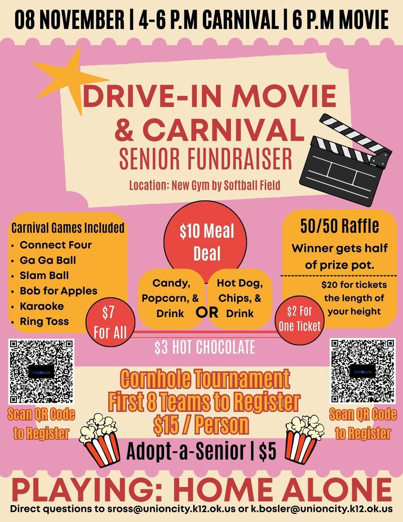 It's almost here! The Senior Class Fundraiser is Saturday, November 8th. Come join us for food, fun and a movie! We will be out at the new gym by the softball field! Don't forget to register for the cornhole tournament!