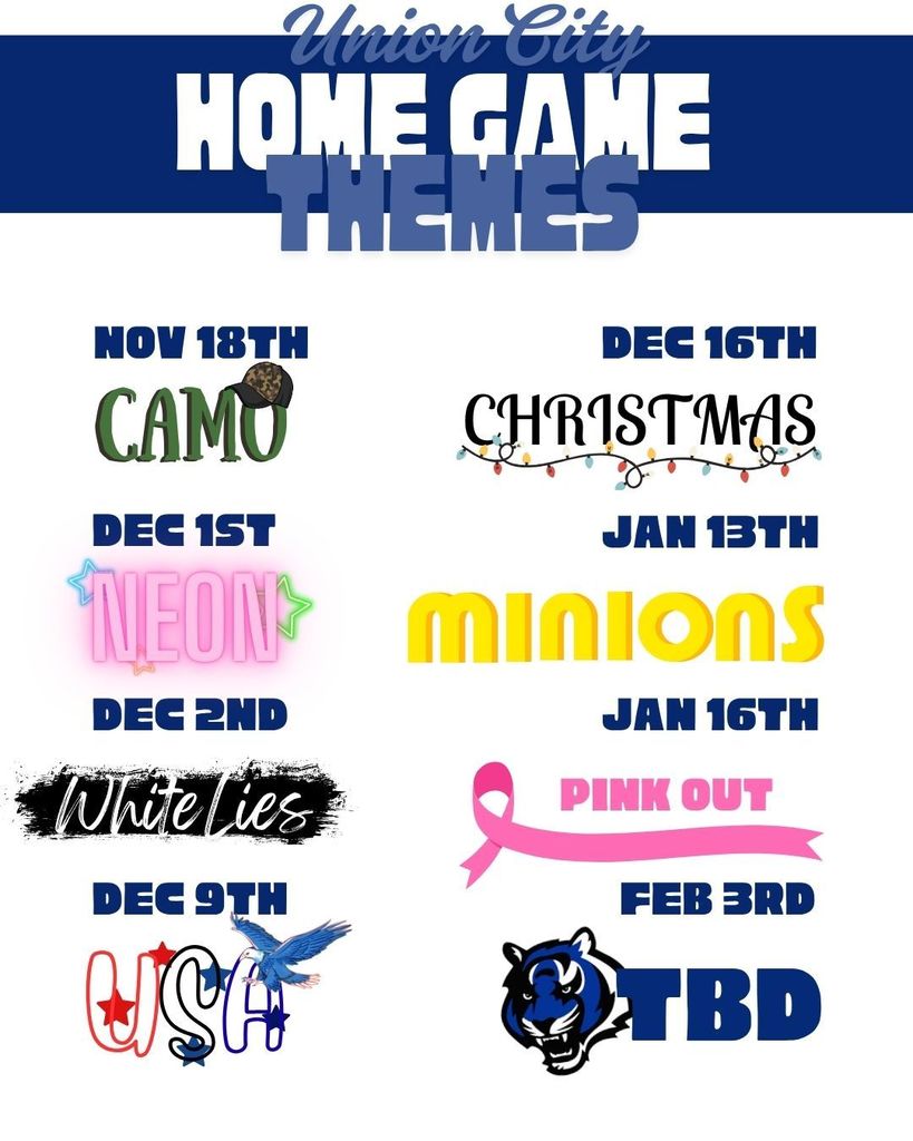 Nov 18 - Camo, Dec 1 - Neon, Dec 2nd - White Lies, Dec. 9th - USA, Dec 16th - Christmas, Jan 13th - Minions, Jan 16th, Pink Out, Feb 3rd - TBD