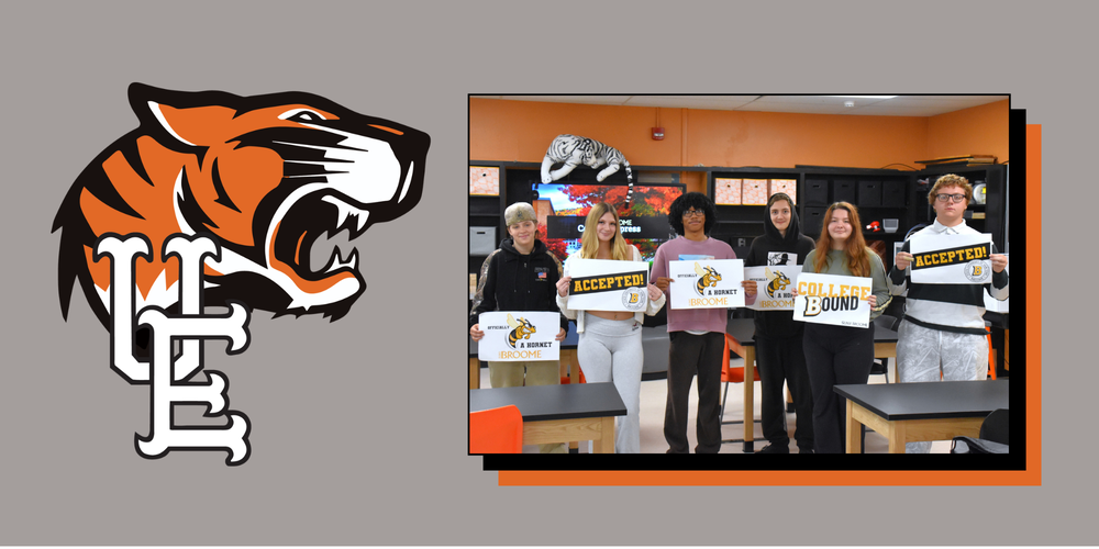 Tiger Ventures Seniors holding up acceptance letters from SUNY Broome Community College