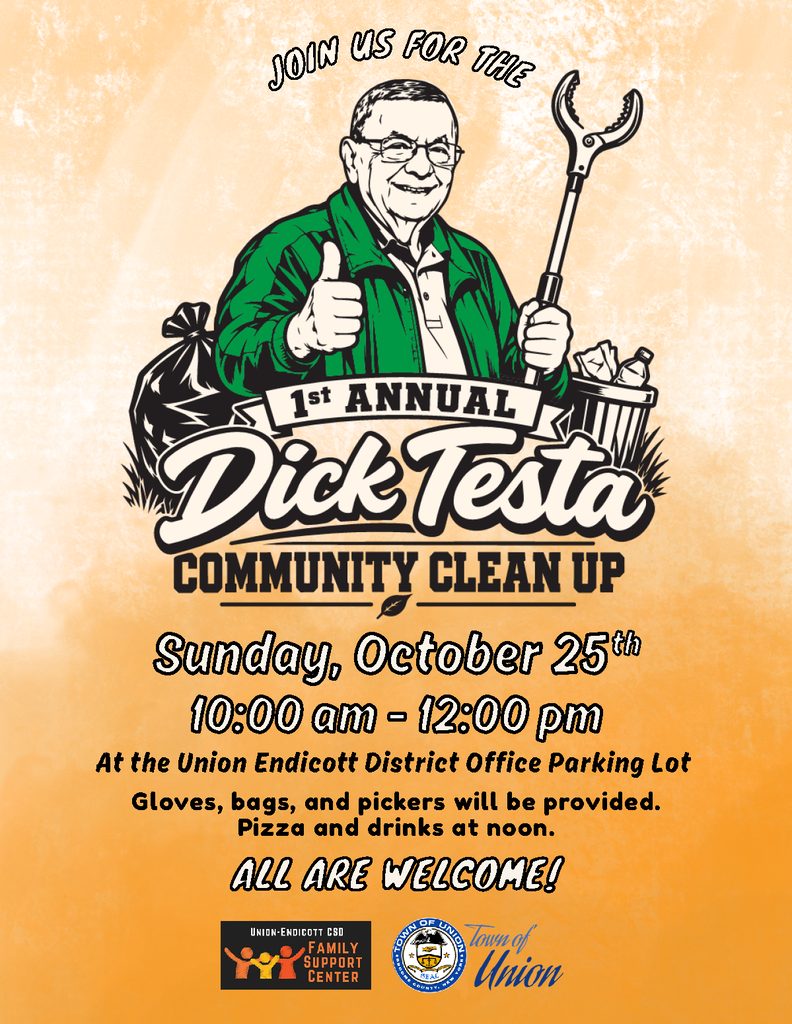 Poster for the Dick Testa Community Clean up. Sunday, October 25 from 10 am to 12 pm at the U-E district office parking lot