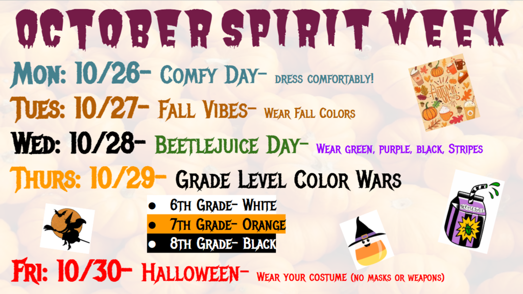 A flyer explaining the details of October Spirit Week at JFS. All information can be found in the attached message.