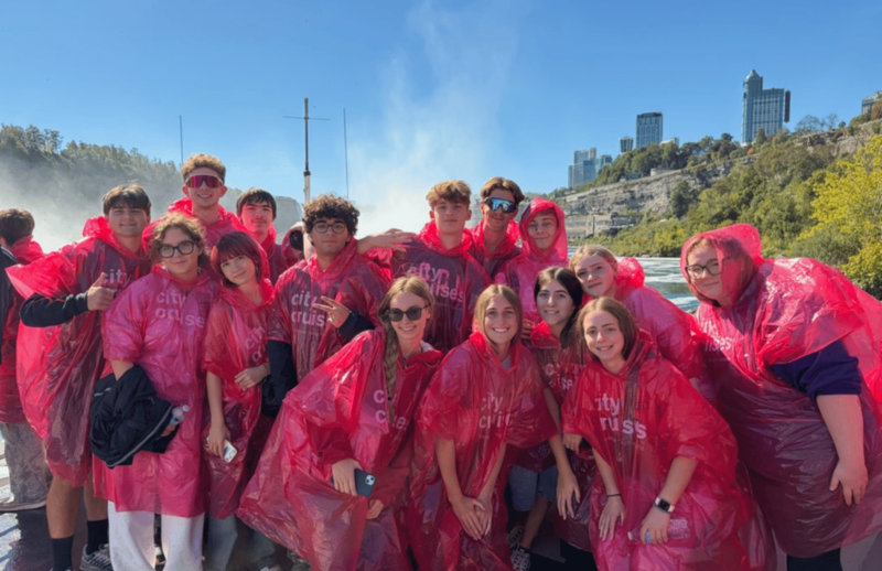 U-E students and Italian students on a boat at Niagara Falls