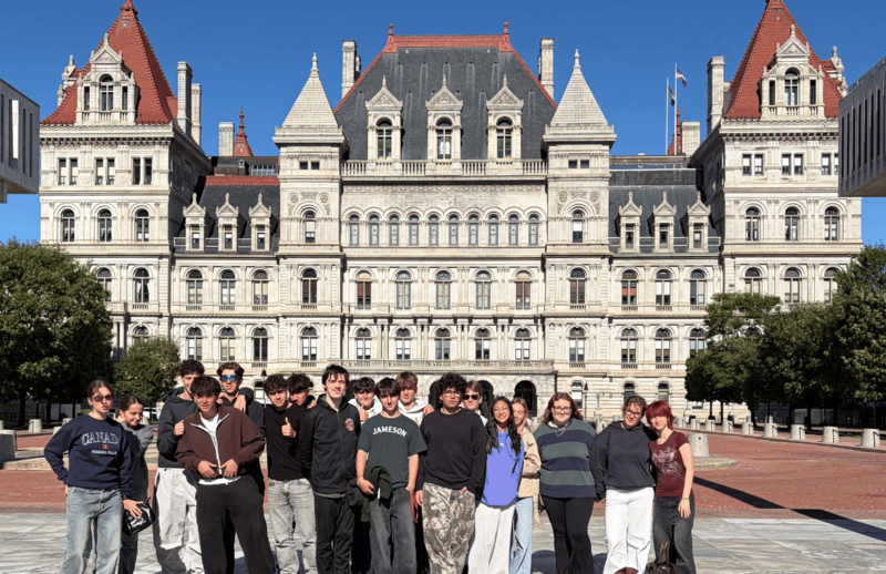 U-E students and Italian students in front of the NY capital building in Albany