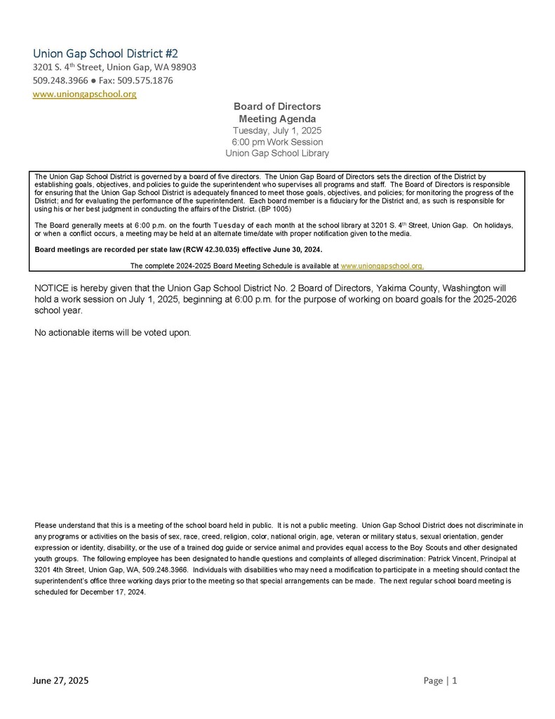 Notice of July Board work session