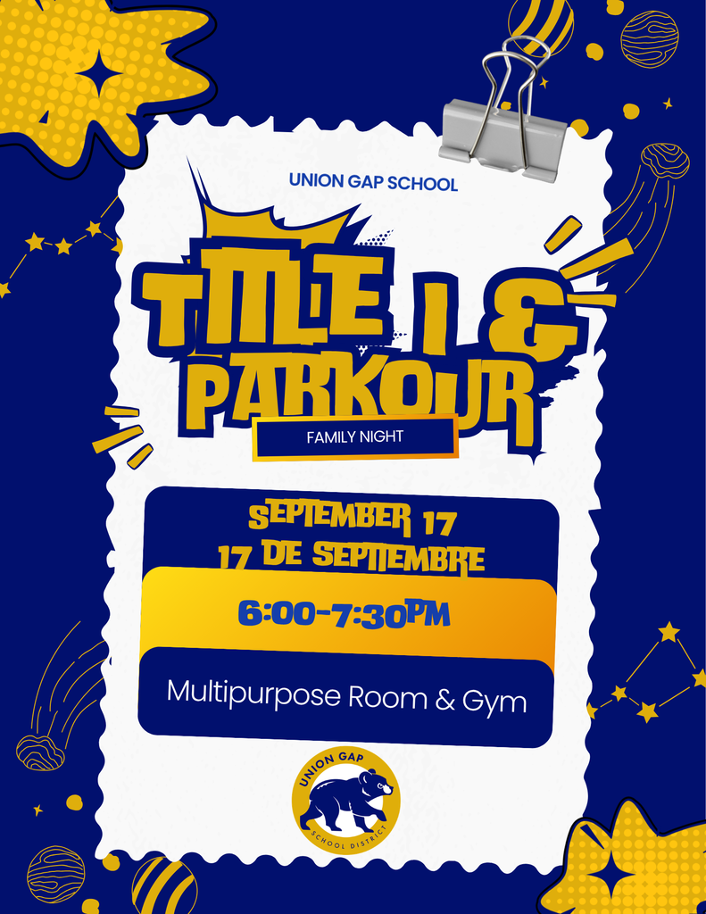 Blue, white and yellow flyer about upcoming Title I & Parkour family night September 17