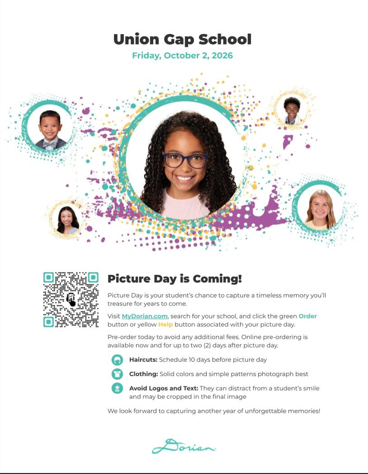 Headshot pictures of kids and black text describing a few items about the upcoming picture day.