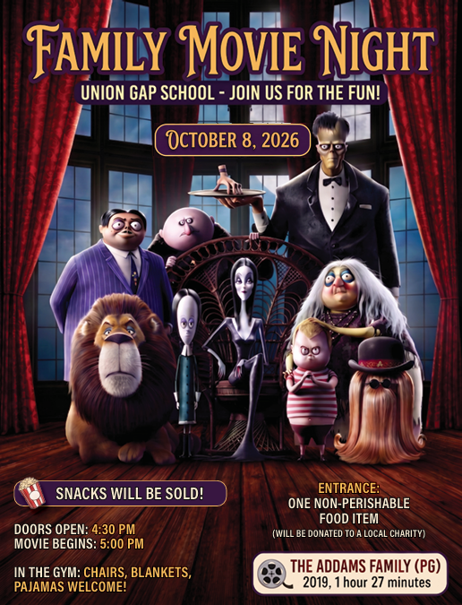 Adams Family Characters standing in front of a window with writing explaining the upcoming Family Movie Night.
