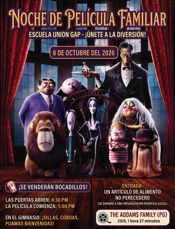 Adams Family Characters standing in front of a window with writing explaining the upcoming Family Movie Night in Spanish.