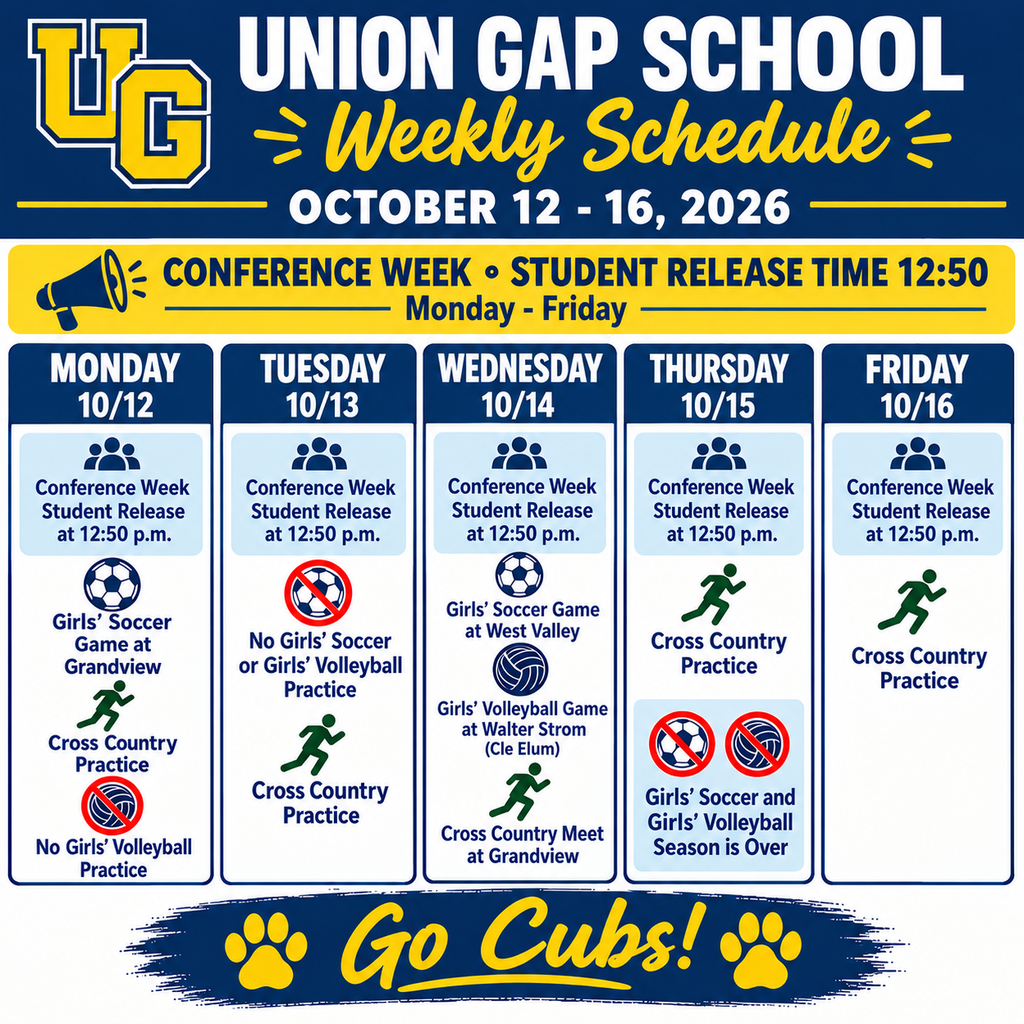 Calendar for the week of 10/12-10/16. This week is conference week with student release time at 12:50. Sports are also coming to an end with final games for girls' soccer and girls' volleyball on Wednesday.