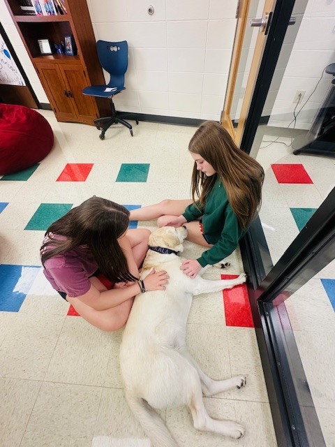 students with therapy dog