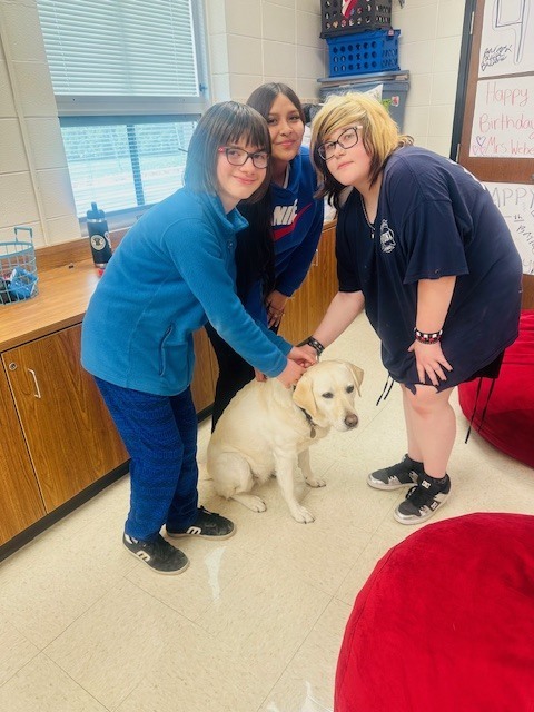 students with therapy dog