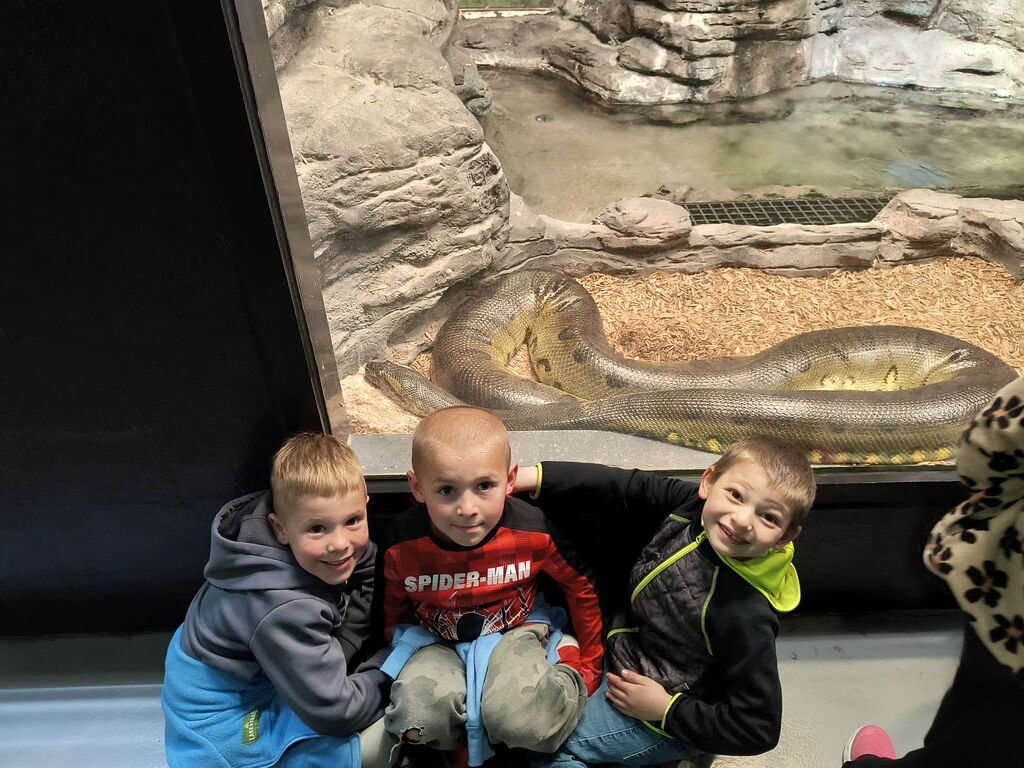 students look at the camera with a large snake behind them