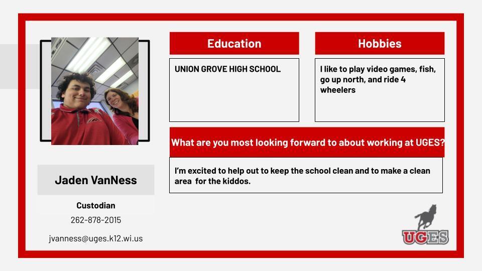 Photo of Jaden VanNess, newly hired custodian