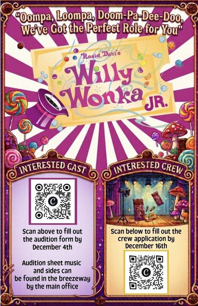 Willy Wonka Jr with QR codes for cast and crew signups