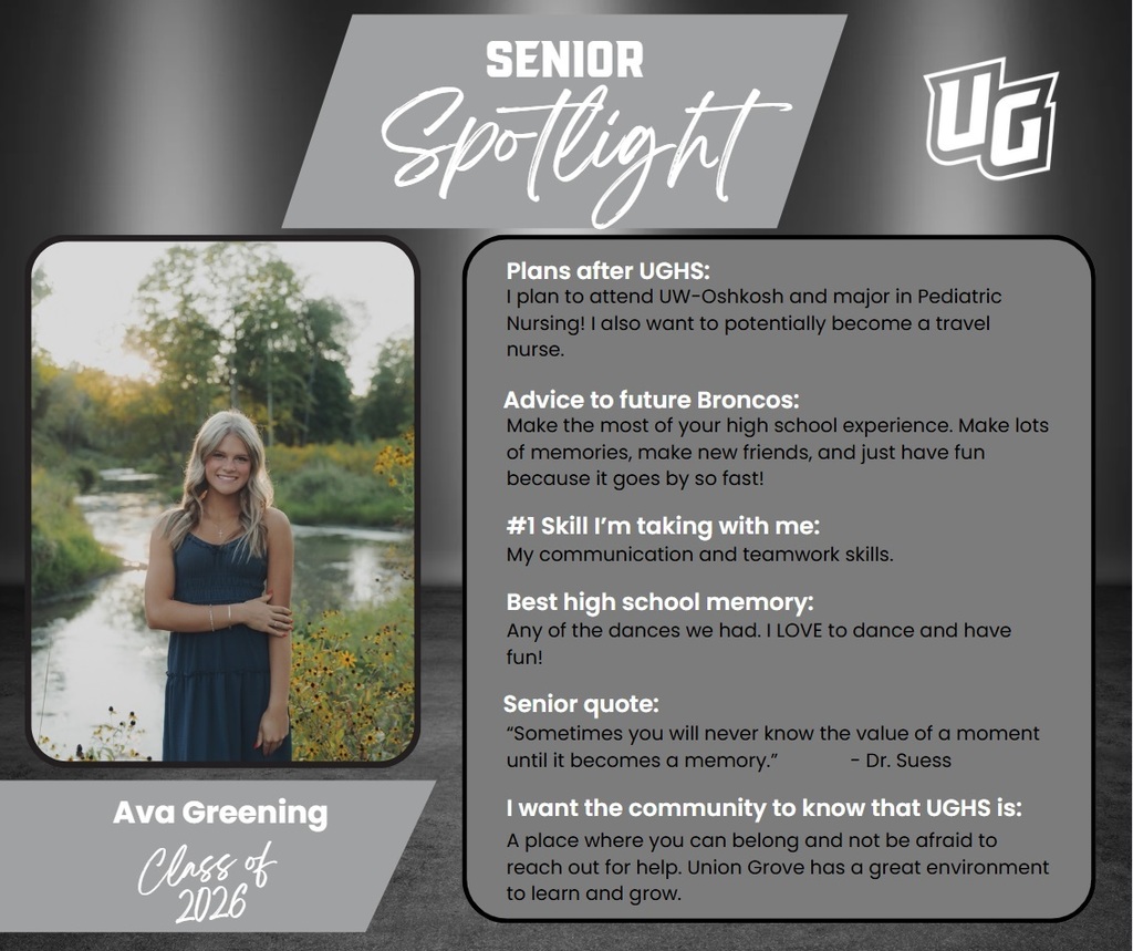 Photo of a woman in a blue dress. "Senior Spotlight Ava Greening Class of 2026"