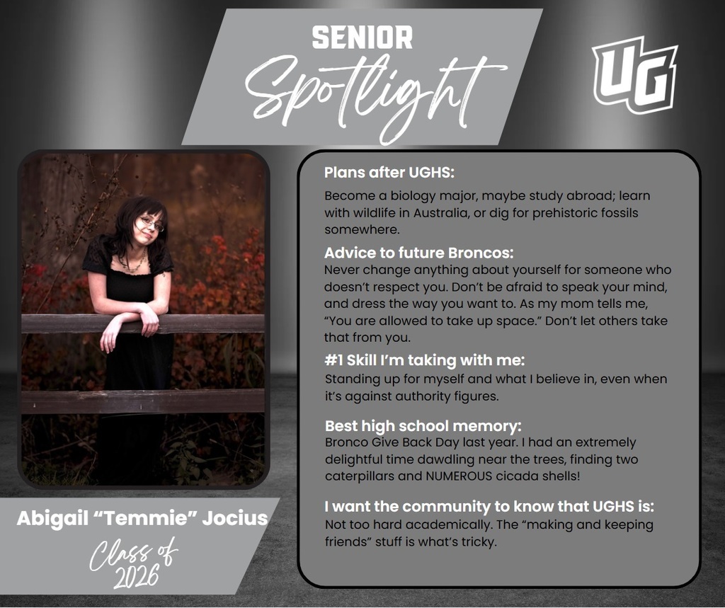 Senior spotlight feature shows Abigail with a quote, "Standing up for myself and what I believe in, even when it's against authority figures."