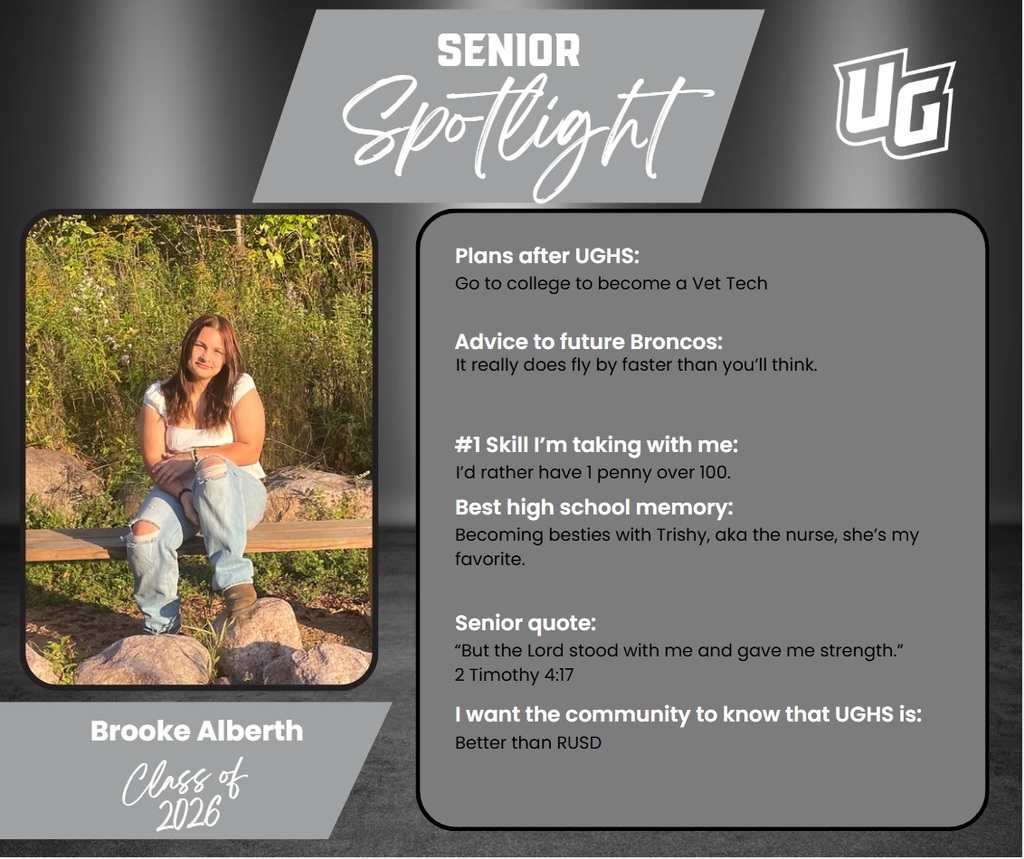 A gray background displays a student's senior spotlight. The student, Brooke Albert, is pictured sitting on a bench. The spotlight mentions future plans, advice, skills, favorite memories, and quotes.