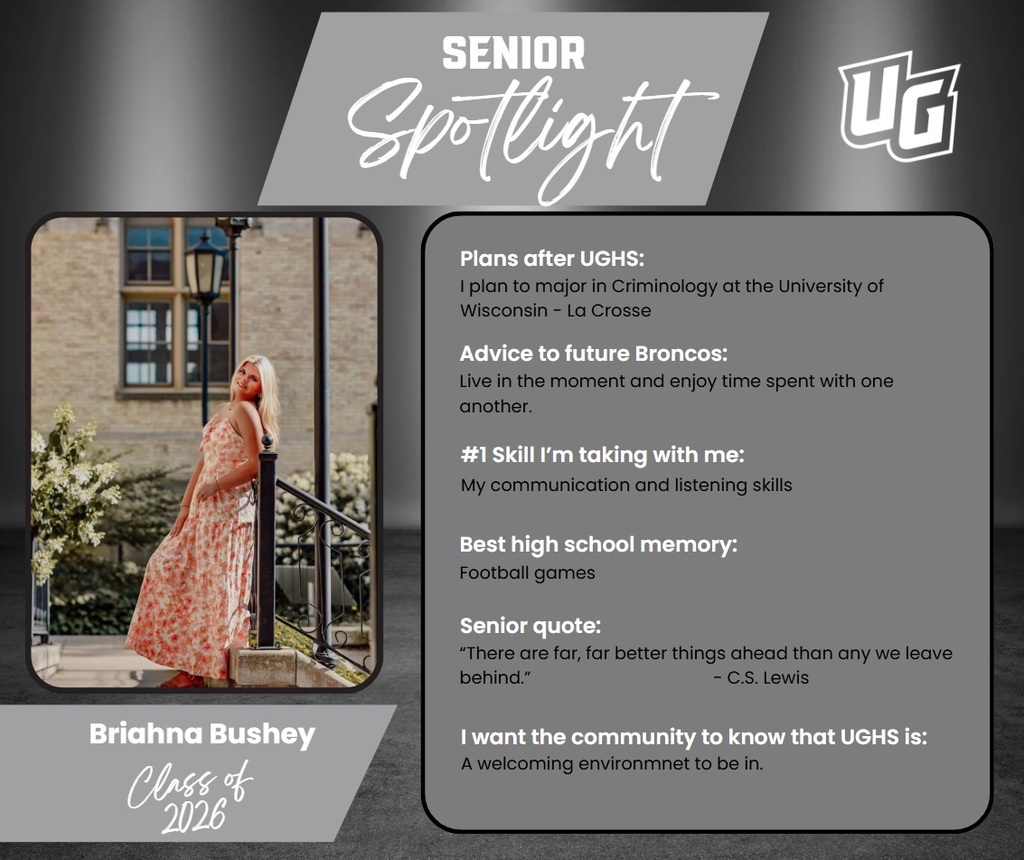 A person in a floral dress stands on steps outside. A plaque reads "Senior Spotlight". Text provides info about the person.